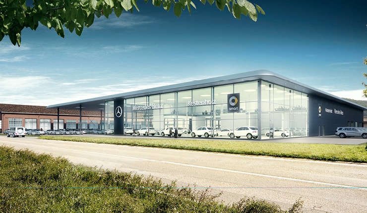 Ein Neubau im neusten CI der Marke Mercedes – offen, elegant und dennoch mit der effizienten Funktionalität, die ein modernes Autohaus erfordert.